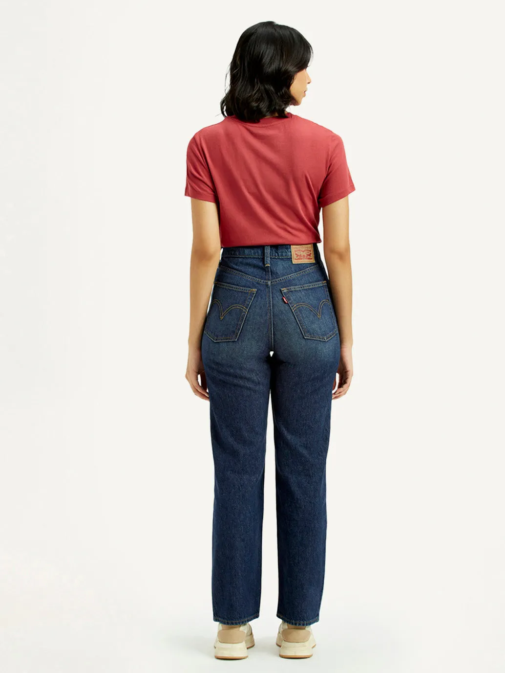 Women's Dark Indigo Ribcage Straight Fit High Rise Jeans Distressed Details Travel Outfit Student Outfit Lightweight
