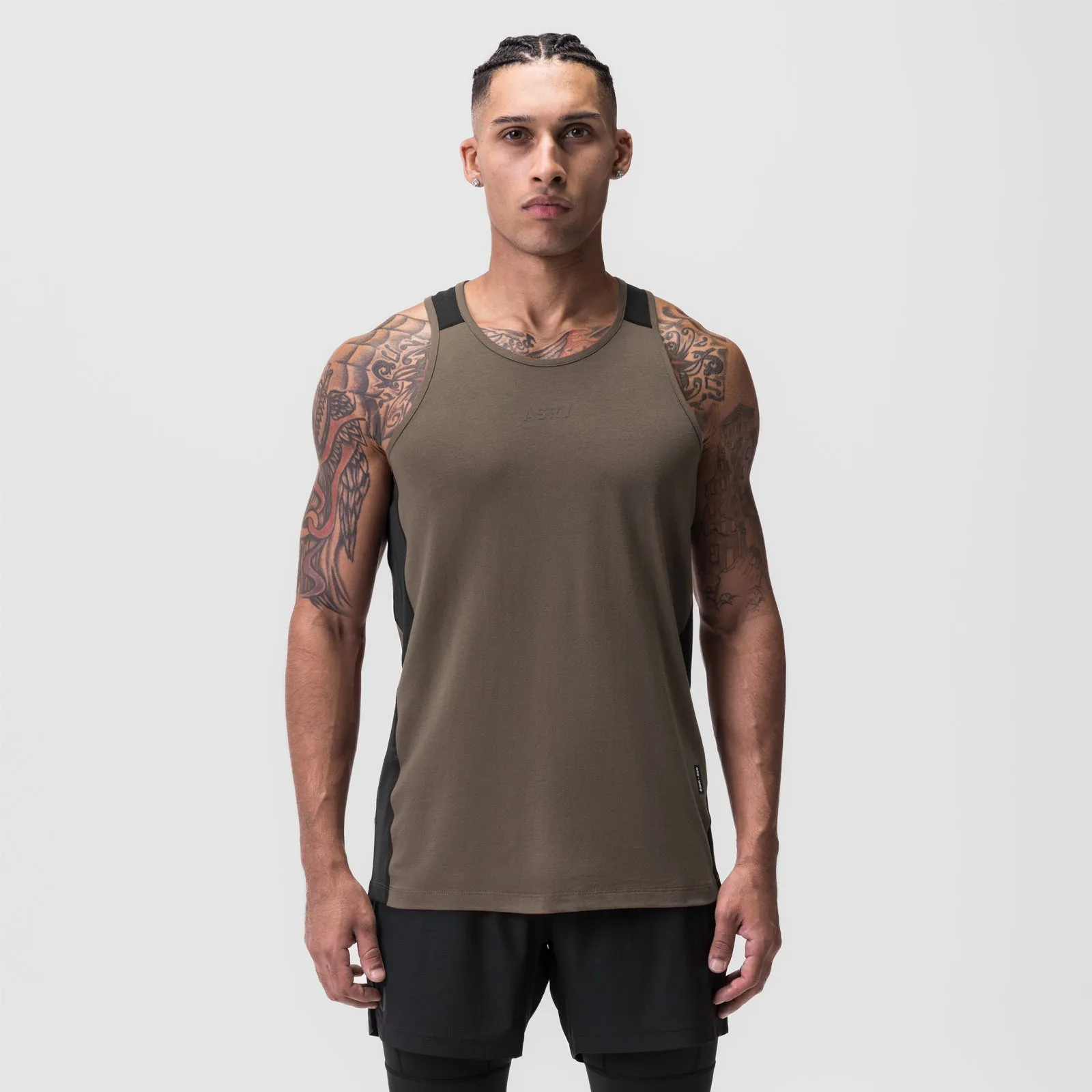 0809. Supima? Mesh Panel Training Singlet?- Deep Taupe Versatile Styling Options anti - slip
