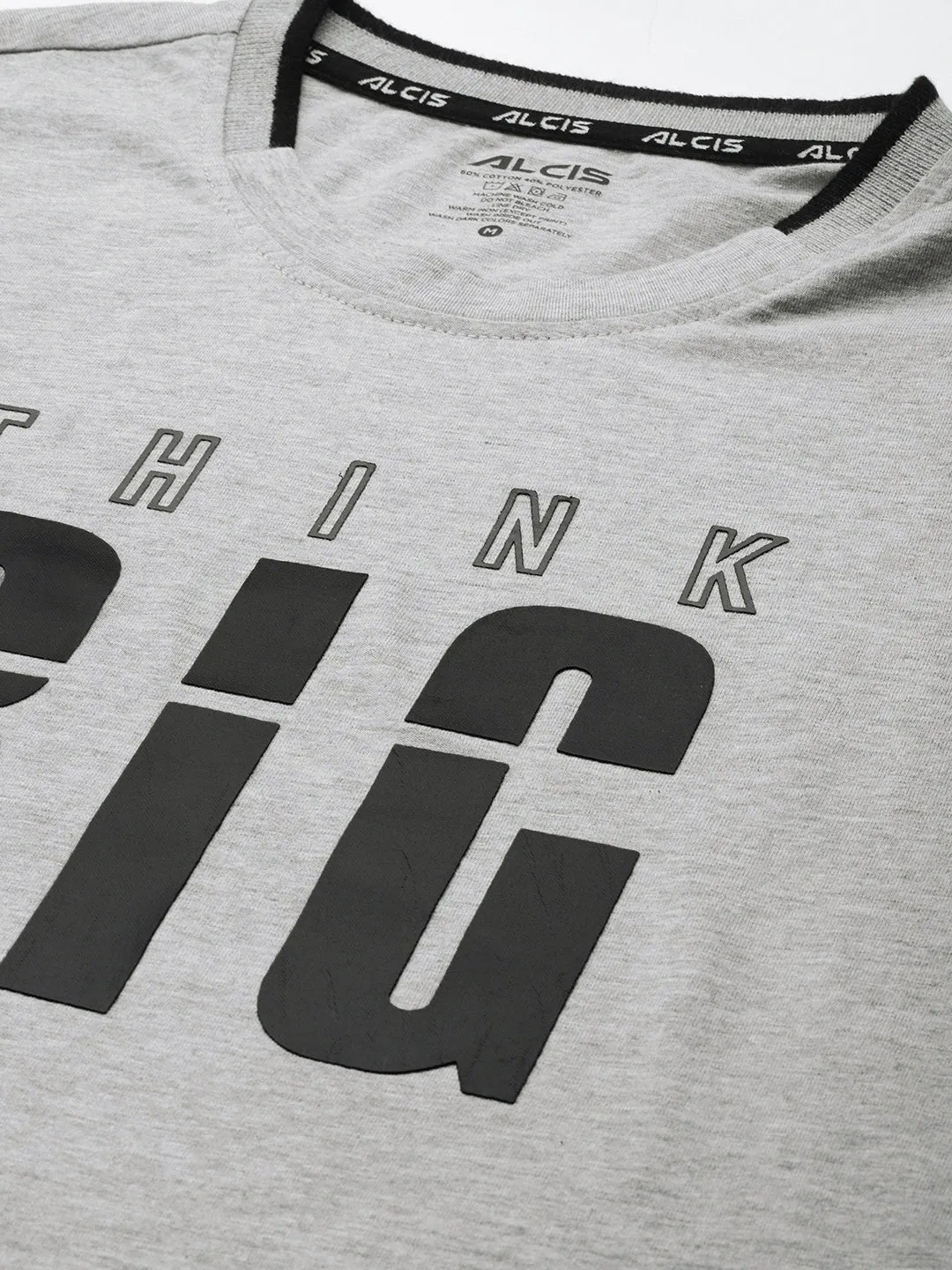 Alcis Men Grey Melange Black Typography Printed T-shirt Hidden pockets RollUp Sleeves