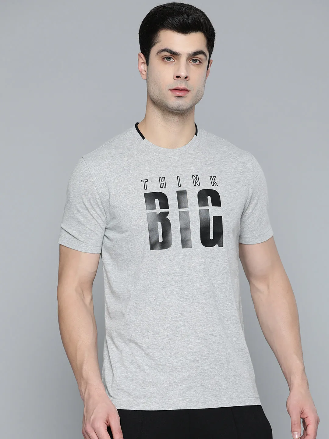 Alcis Men Grey Melange Black Typography Printed T-shirt CompactPackableDesign Rain Fit