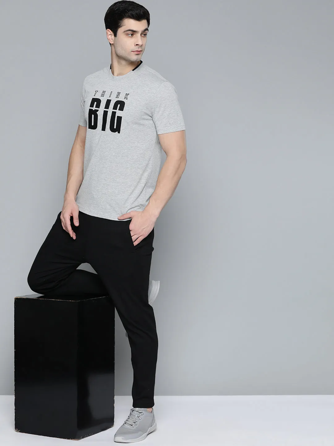 Alcis Men Grey Melange Black Typography Printed T-shirt Pure Fit