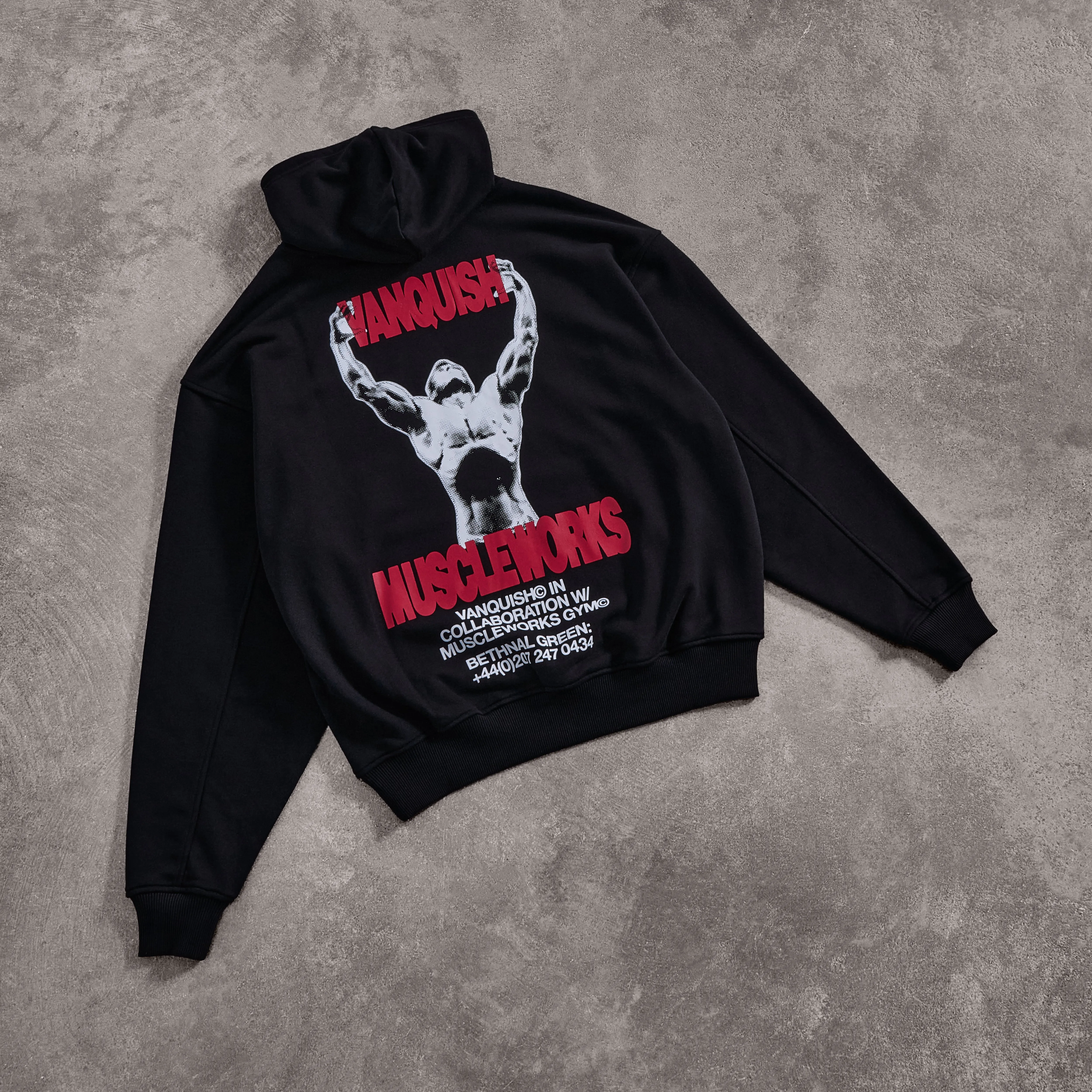 Vanquish x Muscleworks Black Oversized Hoodie Lifestyle Scene Tassel Details