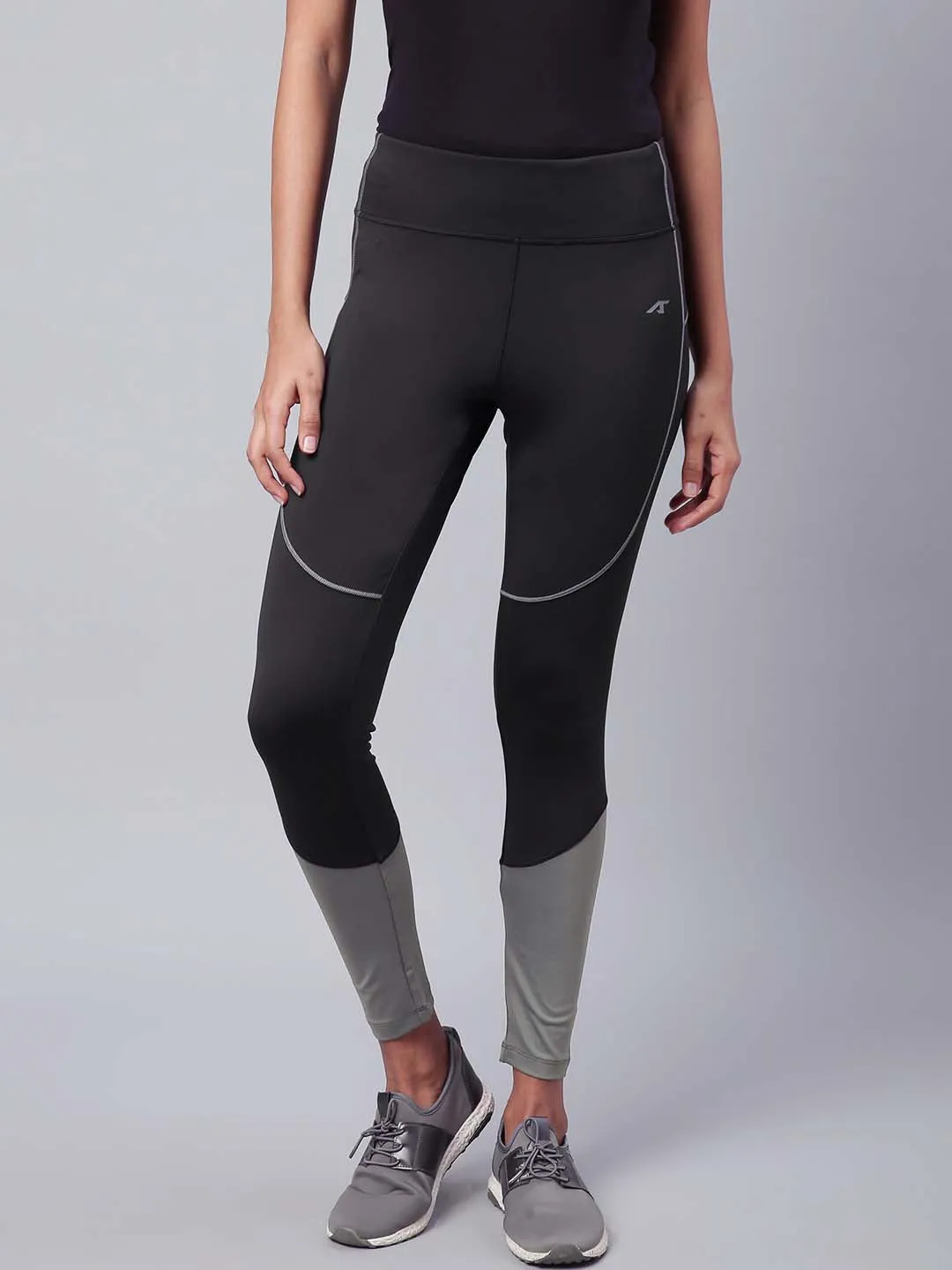 Alcis Women Black Grey Colourblocked Drytech  Solid Cropped Training Tights High Waist Comfort Seeker All Day