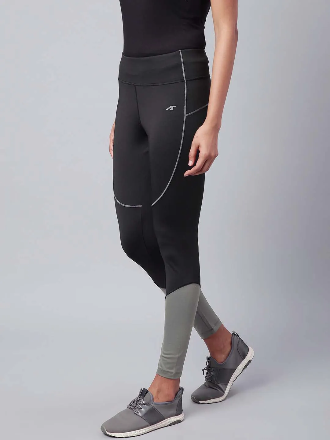 Alcis Women Black Grey Colourblocked Drytech  Solid Cropped Training Tights Motion Support Ultra Basic