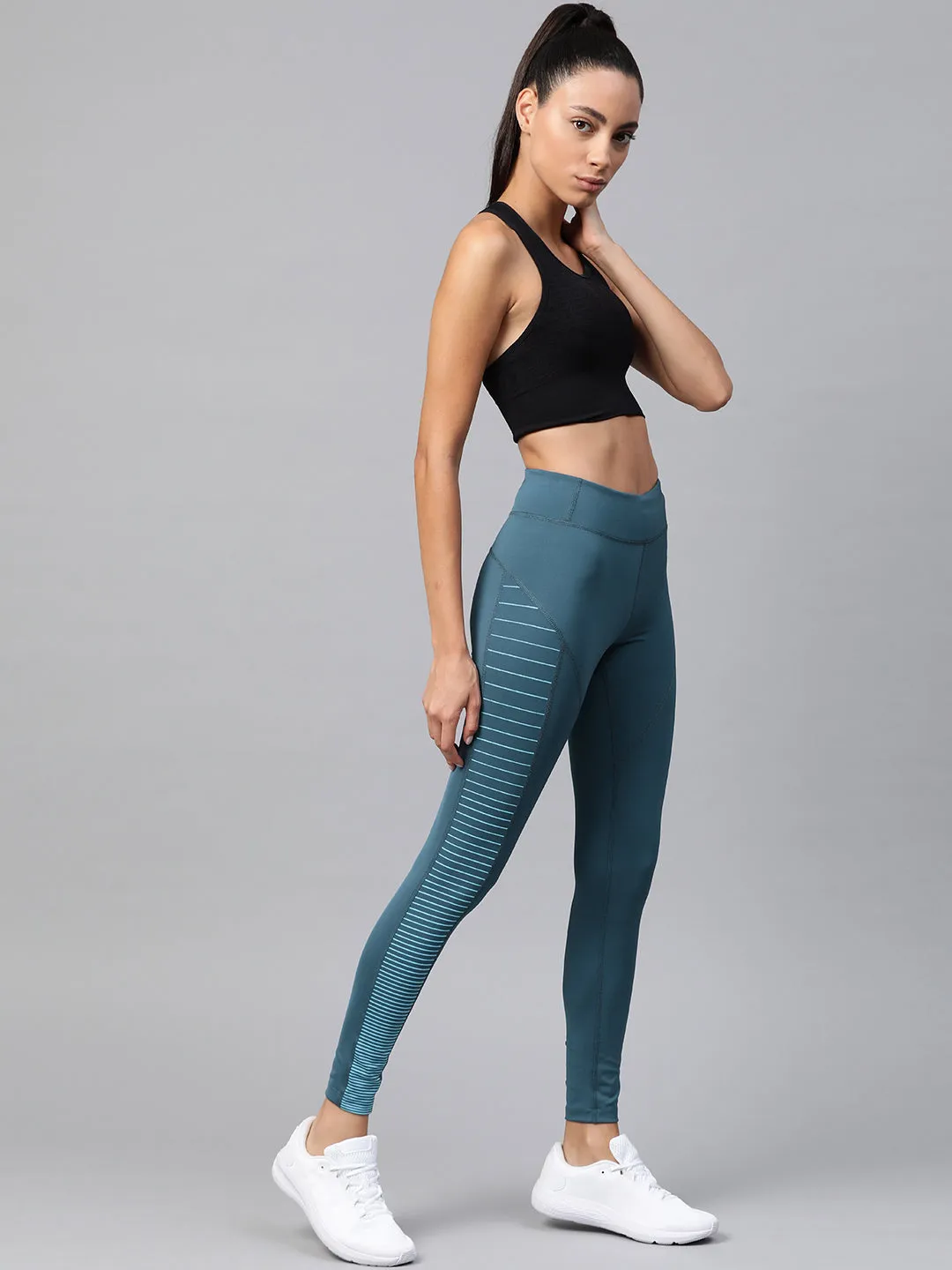 Flattering Fit Alcis Women Teal Blue Solid Tights with Striped Detail
