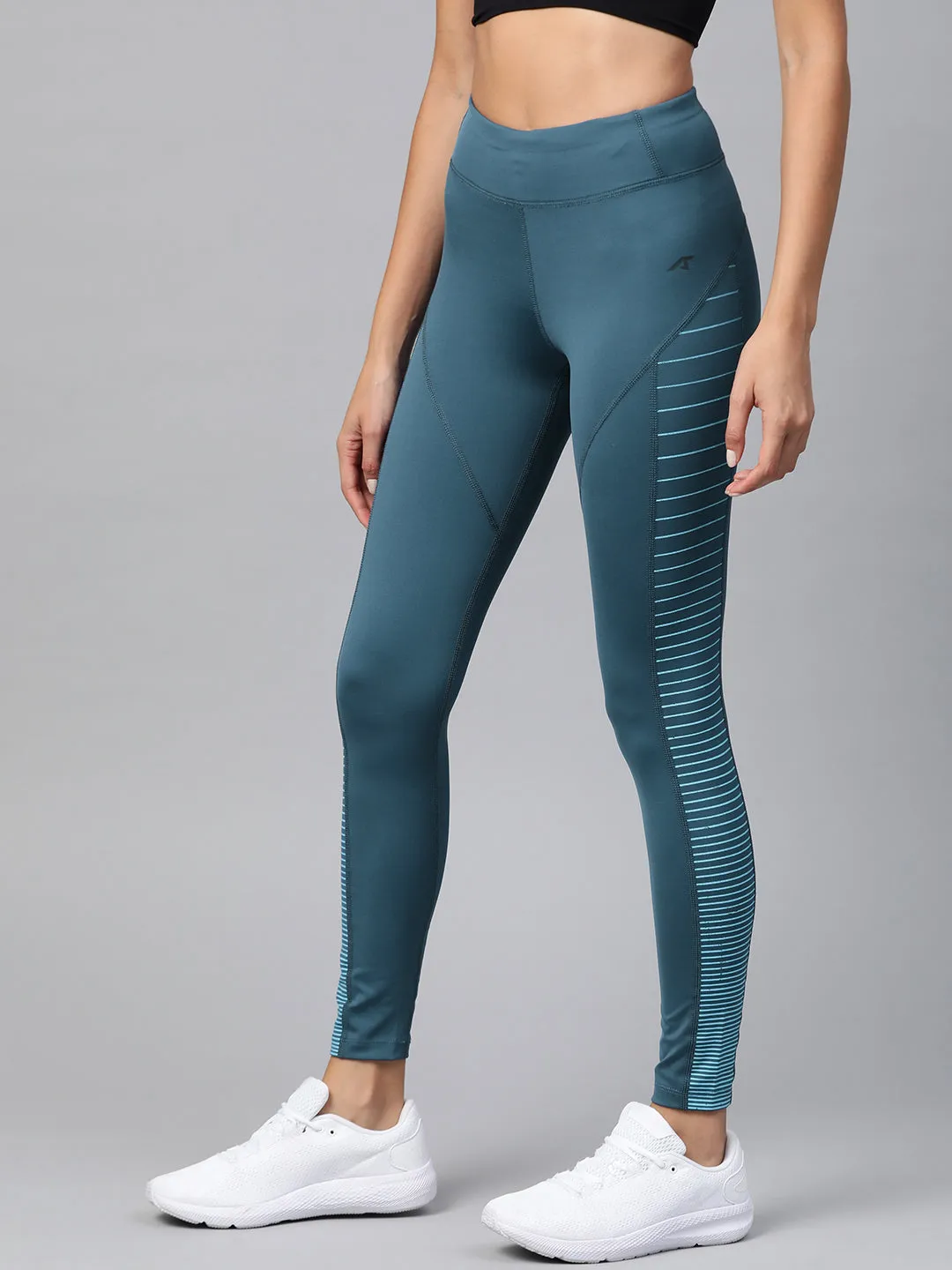 Gusseted Crotch Alcis Women Teal Blue Solid Tights with Striped Detail