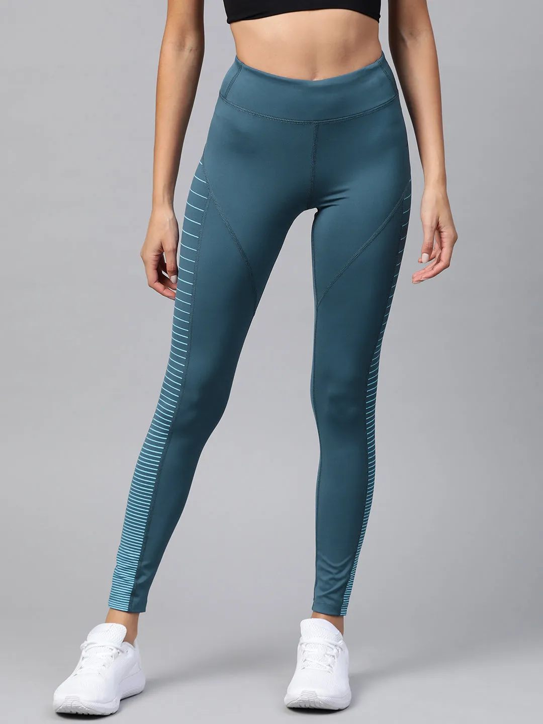 Alcis Women Teal Blue Solid Tights with Striped Detail Four Way Cycling Trip
