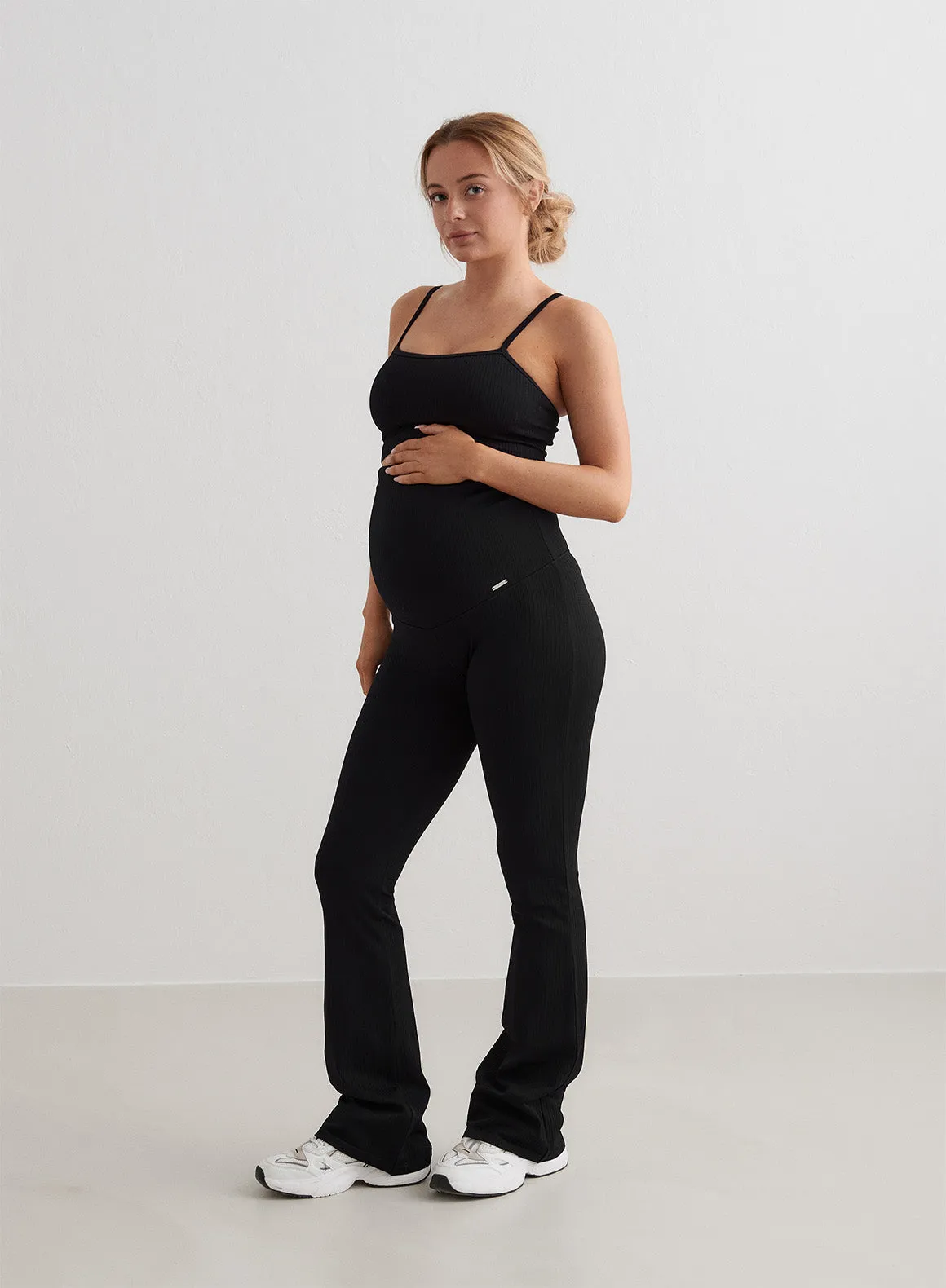 Black Ribbed Seamless Flare Maternity Tights Body Shaping Beginner Level