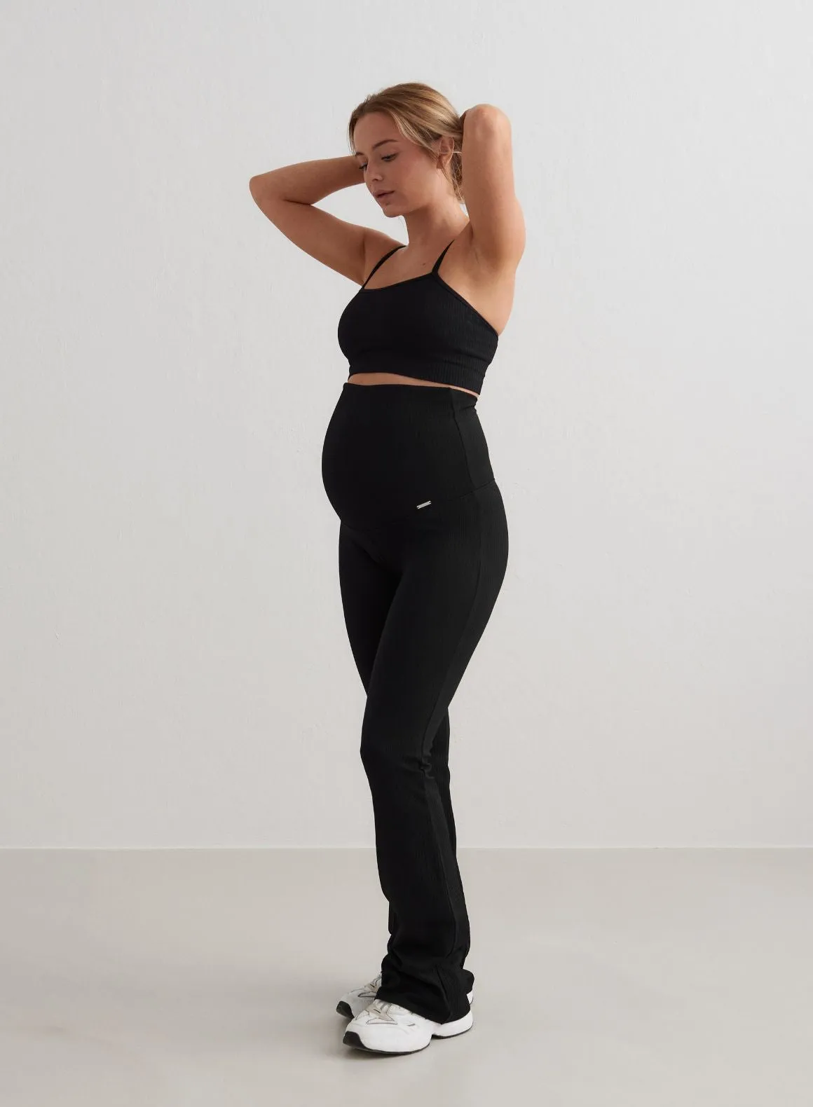Sweat Proof Home Ready Black Ribbed Seamless Flare Maternity Tights