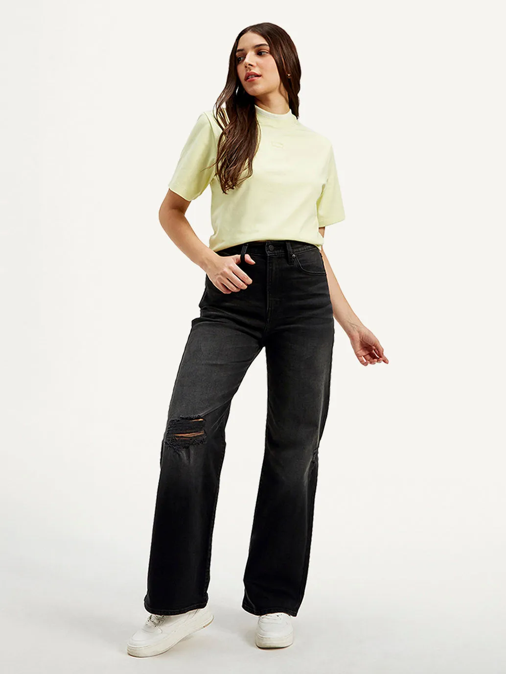 light feel Women's Black Ribcage Bell Bottom Wide Leg Fit High Rise Jeans