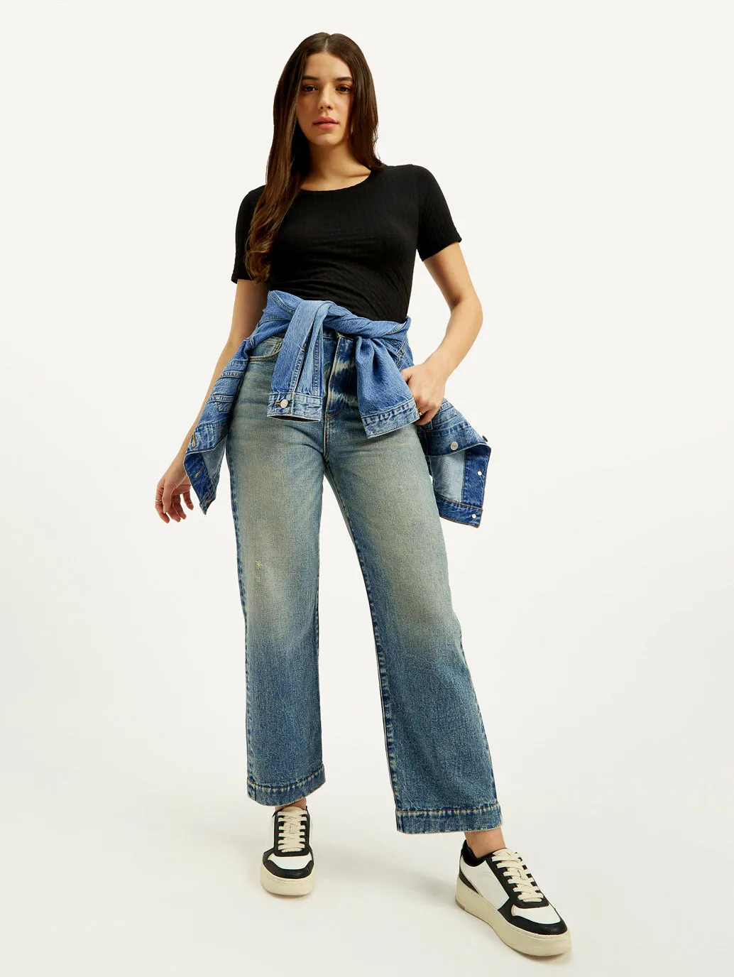 Party Look Luxury Women's Blue Ribcage Straight Fit High Rise Jeans