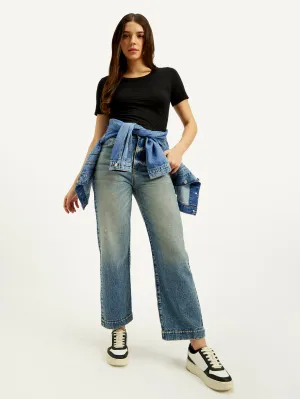 Party Look Luxury Women's Blue Ribcage Straight Fit High Rise Jeans