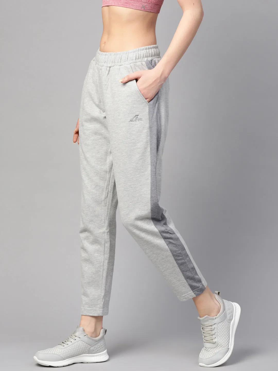 Alcis Women Grey Melange Slim Fit Solid Cropped Track Pants Simple Fit