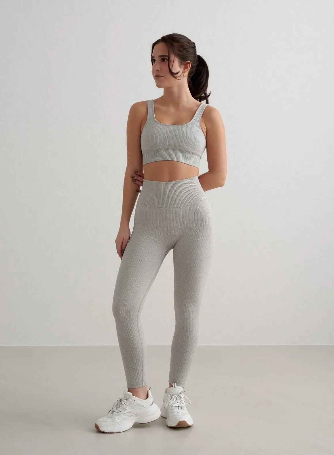 Postpartum Fit Gym Workout Evening Walk Non See Grey Melange Ribbed Seamless Petite Tights