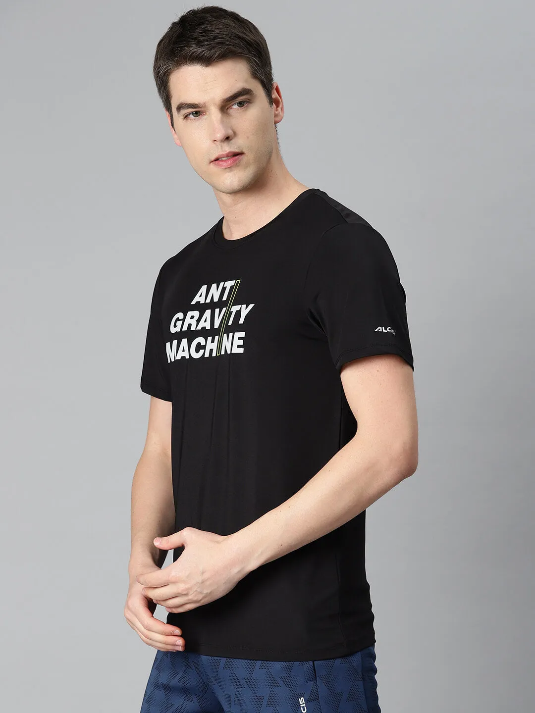 Metro Mode Alcis Men Black Typography Printed Anti Static Slim Fit Sports T-shirt
