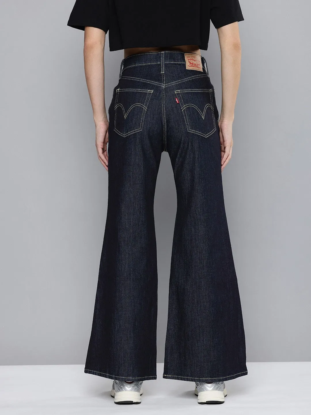 Non Toxic Textile Certified Women's Blue Ribcage Bell Bottom Wide Leg Fit High Rise Jeans