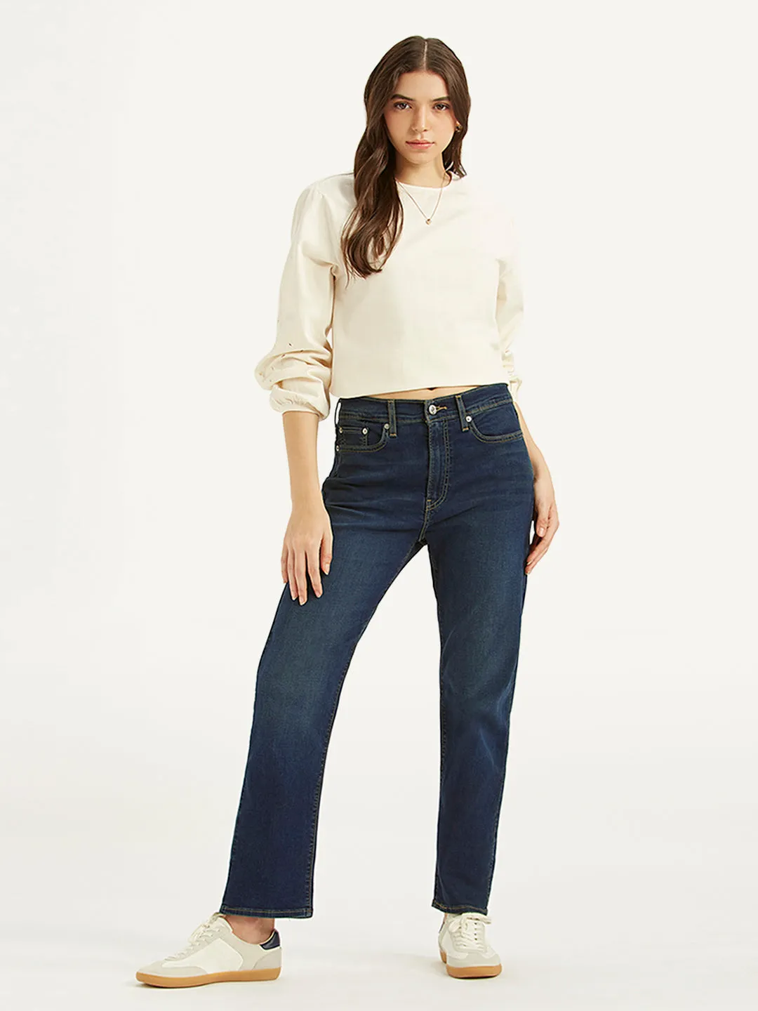 Women's Dark Blue Wedgie Straight Fit Mid Rise Jeans Soft Aesthetic