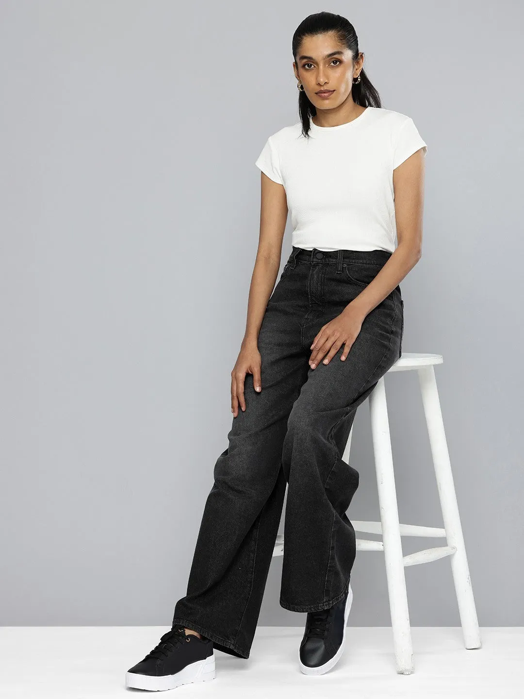 Lightweight Denim Blend Anytime Wear Women's Grey Ribcage Bell Bottom Wide Leg Fit High Rise Jeans
