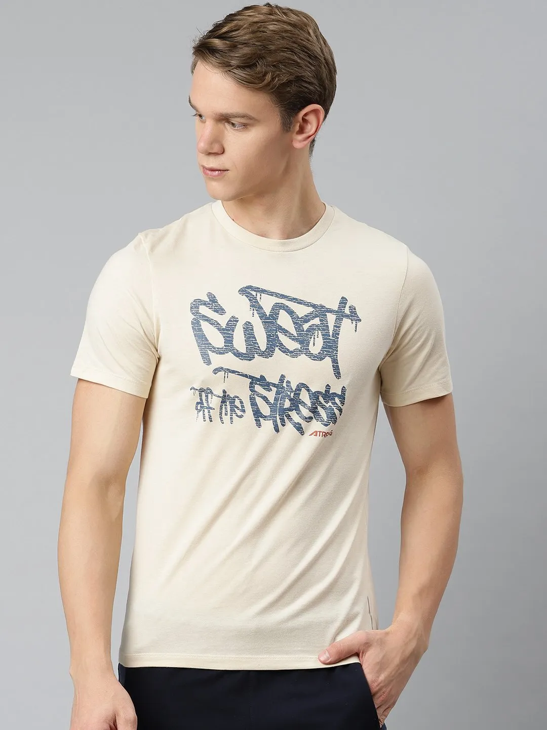 Alcis Men Solid Beige Tshirts OdorResistant Material SoftTouchFinish