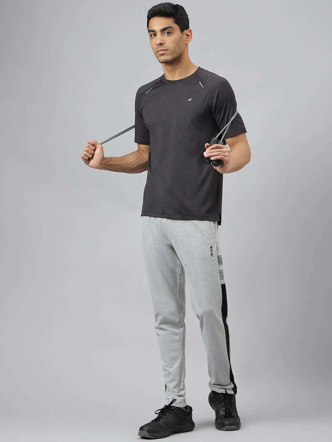 Placket Closure Alcis Men Black & Dark Grey Soft-Tech Anti-Static Slim-Fit Athleisure T-Shirt