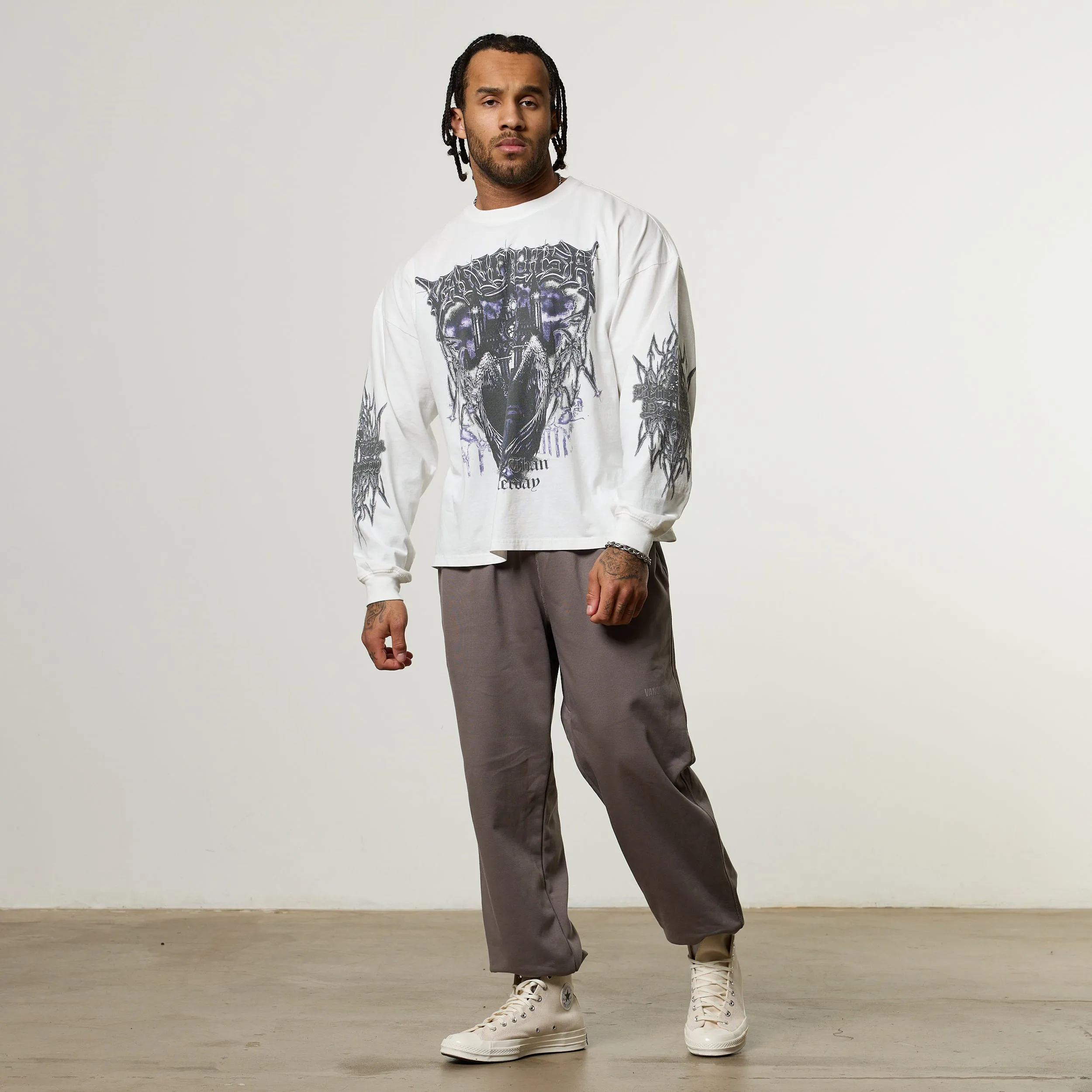 Vanquish Obsidian White Angel Oversized Boxy Long Sleeve T Shirt Collared