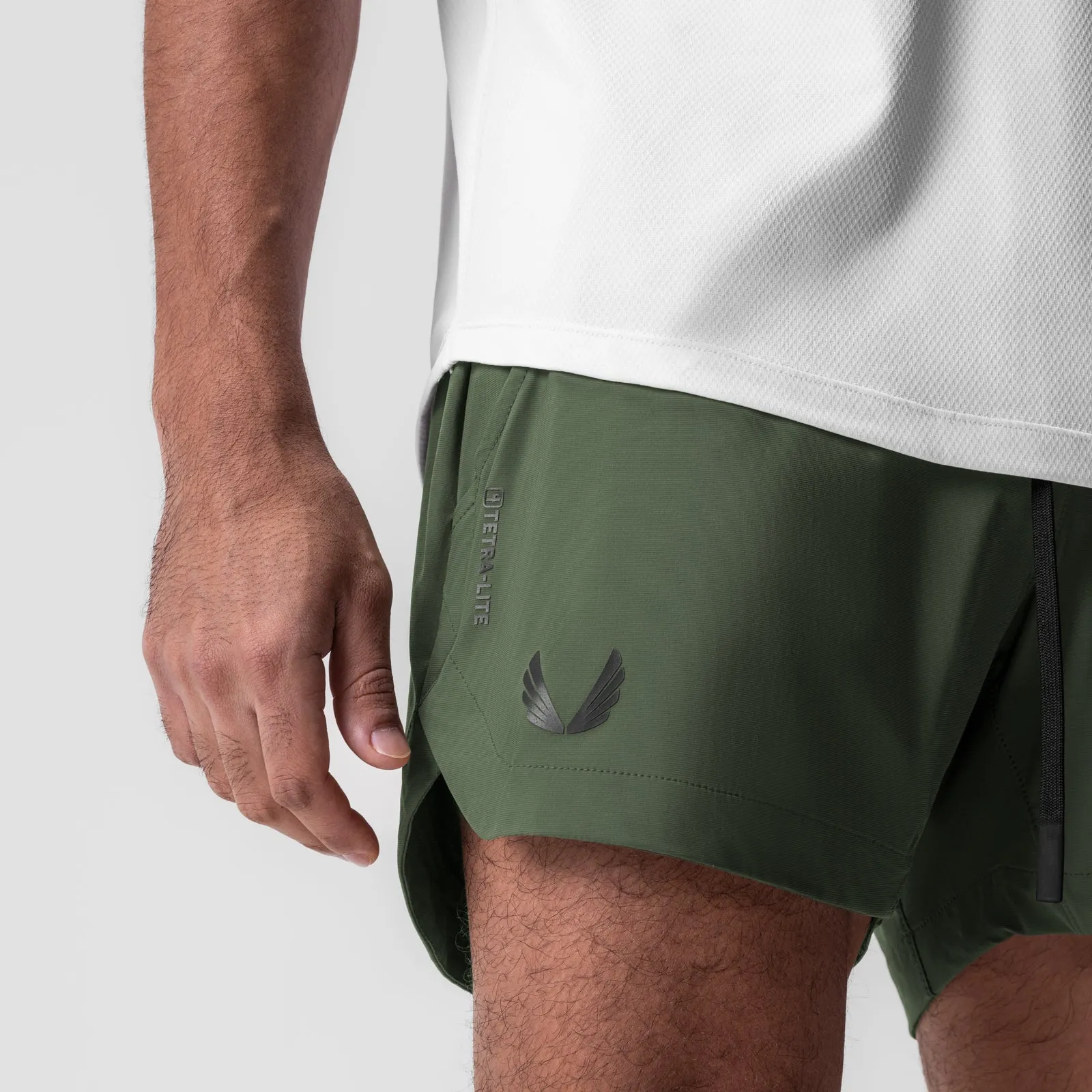 Color Variety Sweat Wicking Fabric 0751. Tetra-Lite? 5" Linerless Short - Olive "Black Wings"