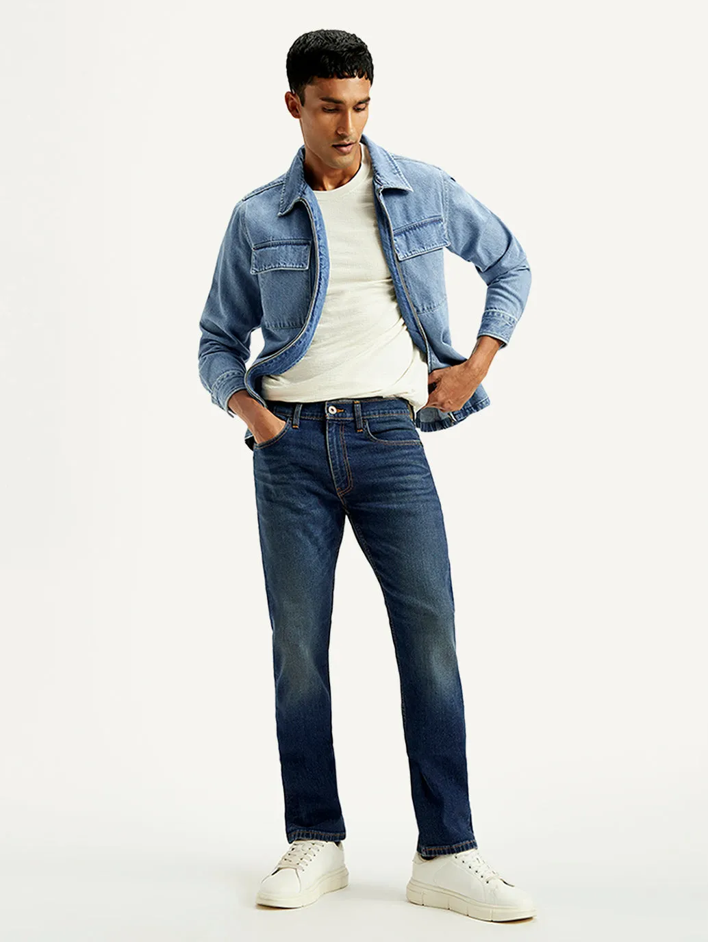 Essential Wardrobe Men's Tinted 513 Blue Slim Straight Fit Mid Rise Jeans