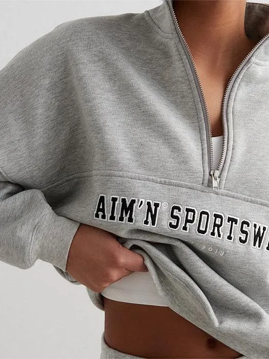 Grey Melang?? Varsity Sweat Half Zip Non Irritating Seams City Style