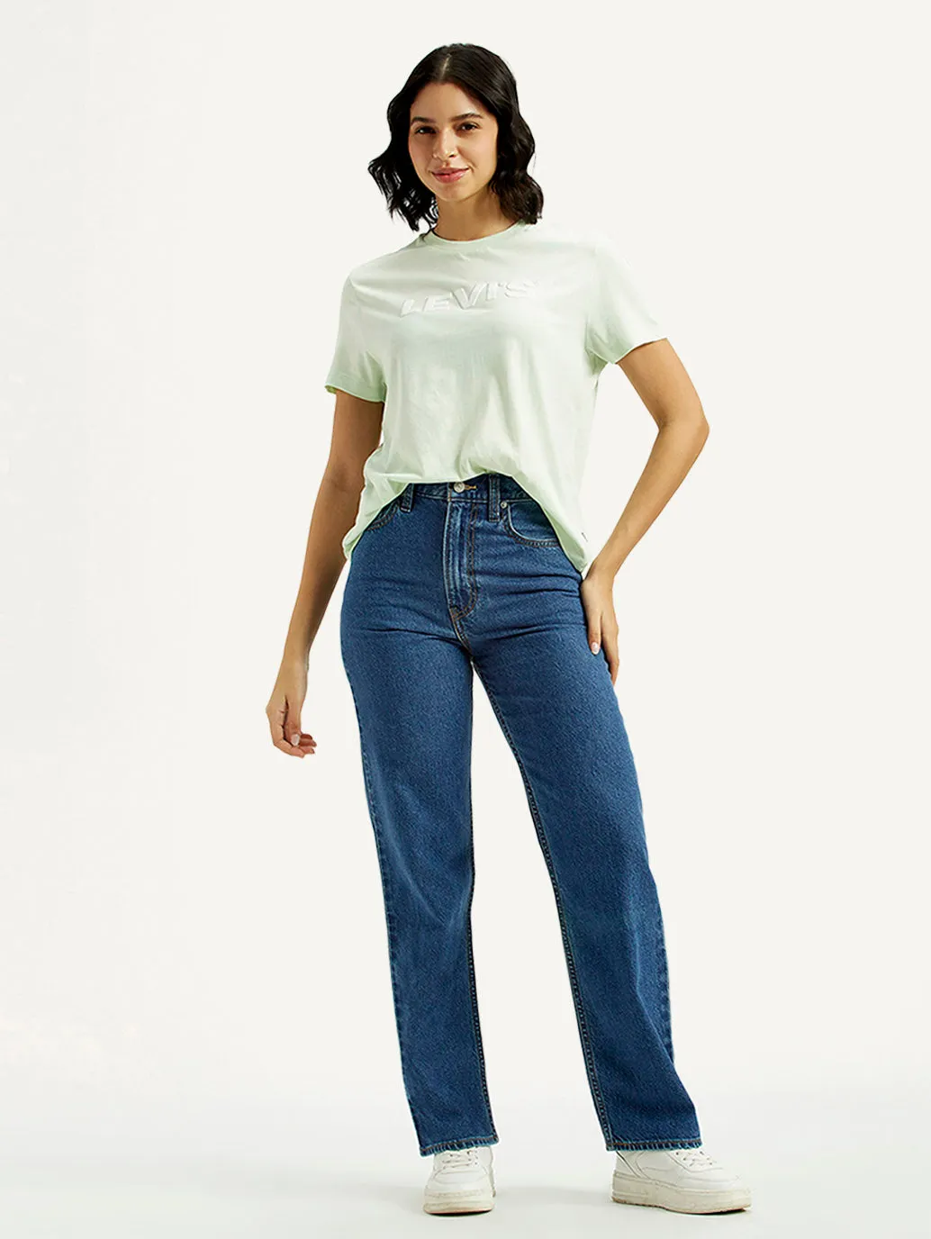 Women's Med Indigo Ribcage Straight Fit High Rise Jeans Four Way Stretch Fabric