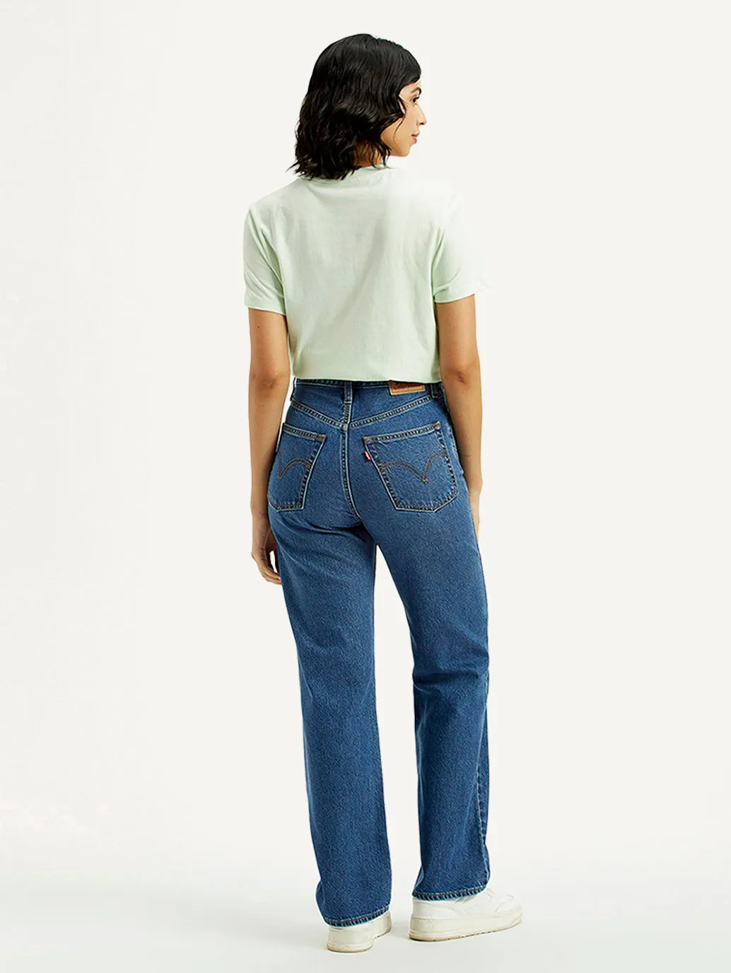 Women's Med Indigo Ribcage Straight Fit High Rise Jeans Breathable fabric