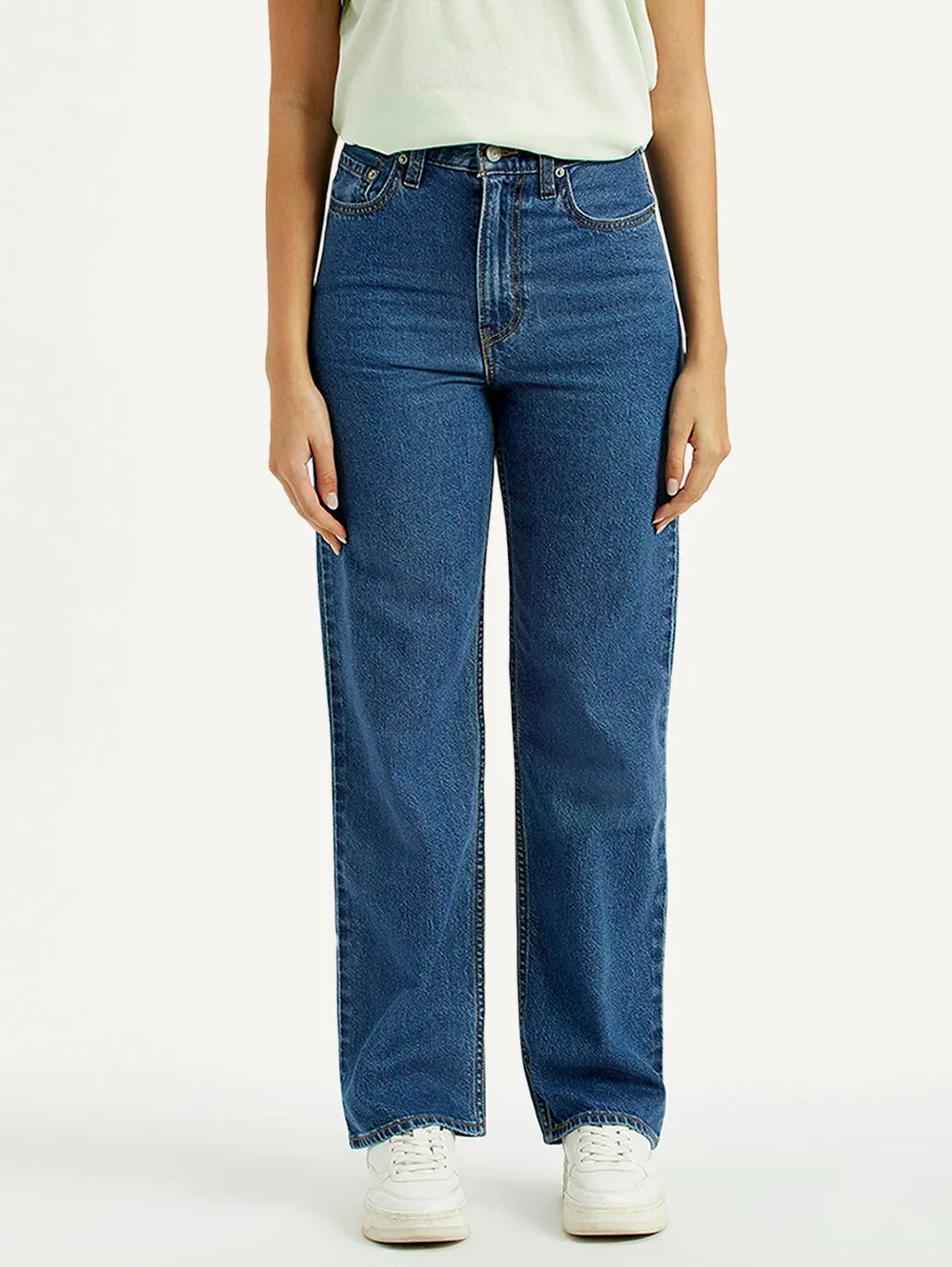 Women's Med Indigo Ribcage Straight Fit High Rise Jeans Cool Essentials Non Fade Fabric