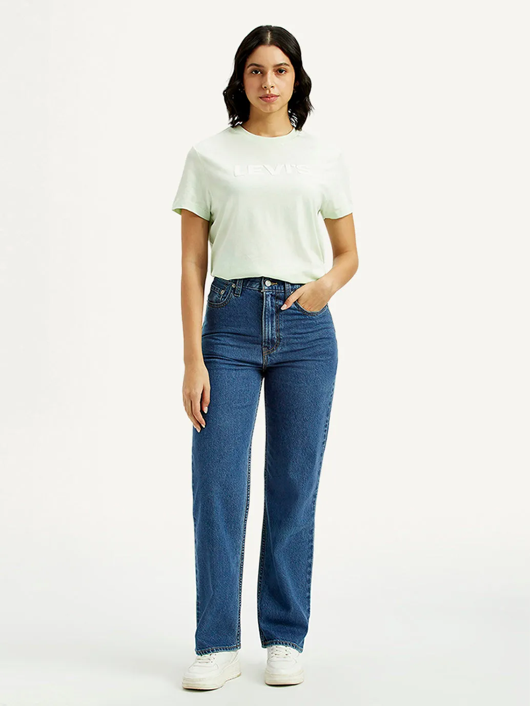 Women's Med Indigo Ribcage Straight Fit High Rise Jeans Stretch Comfort Reinforced Pockets