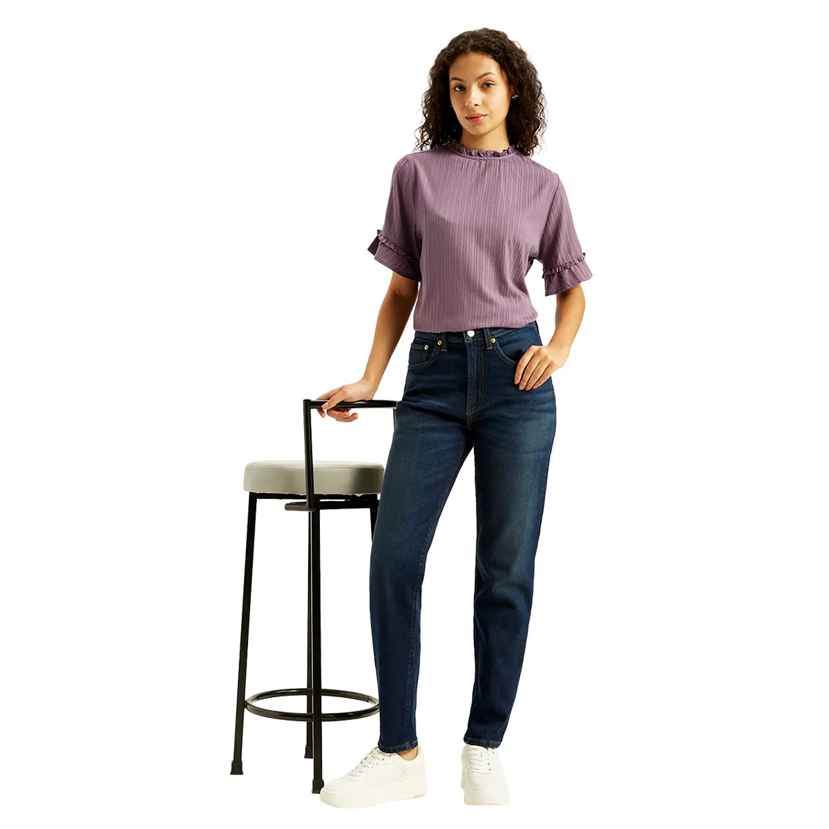 Strong Stitch Durable Weave Women's Navy Blue Loose Fit High Rise Boyfriend Jeans