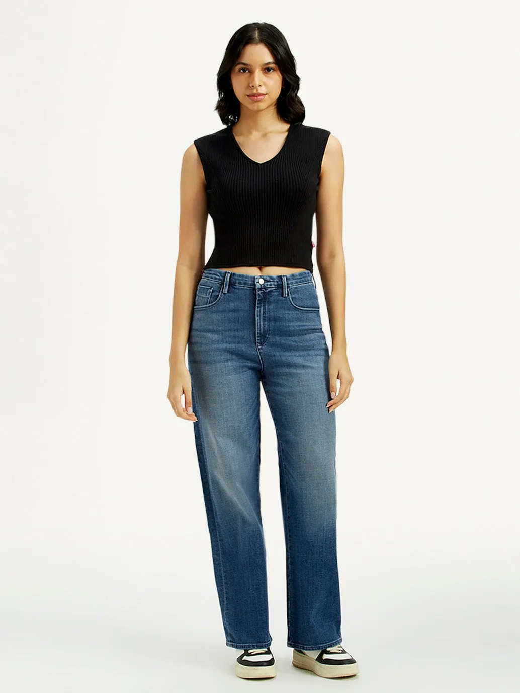 Women's Redloop Med Indigo Mile High Wide Leg Fit High Rise Jeans Slim Family Style Daily Wear