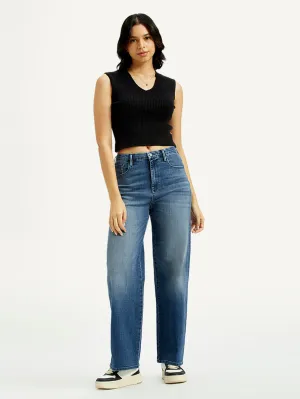 Women's Redloop Med Indigo Mile High Wide Leg Fit High Rise Jeans High Durability Student Outfit Streetwear Fan