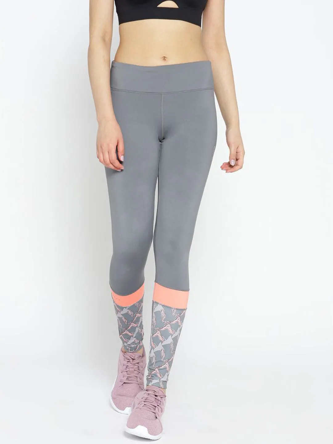 Alcis Women Grey Solid Running Tights with Printed Detail Everyday Movement
