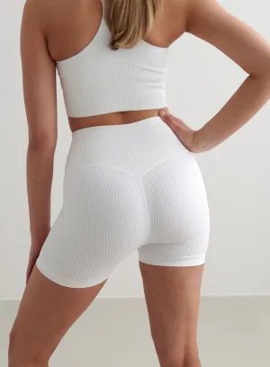 Stretchable easy-care item White Ribbed Midi Biker Shorts