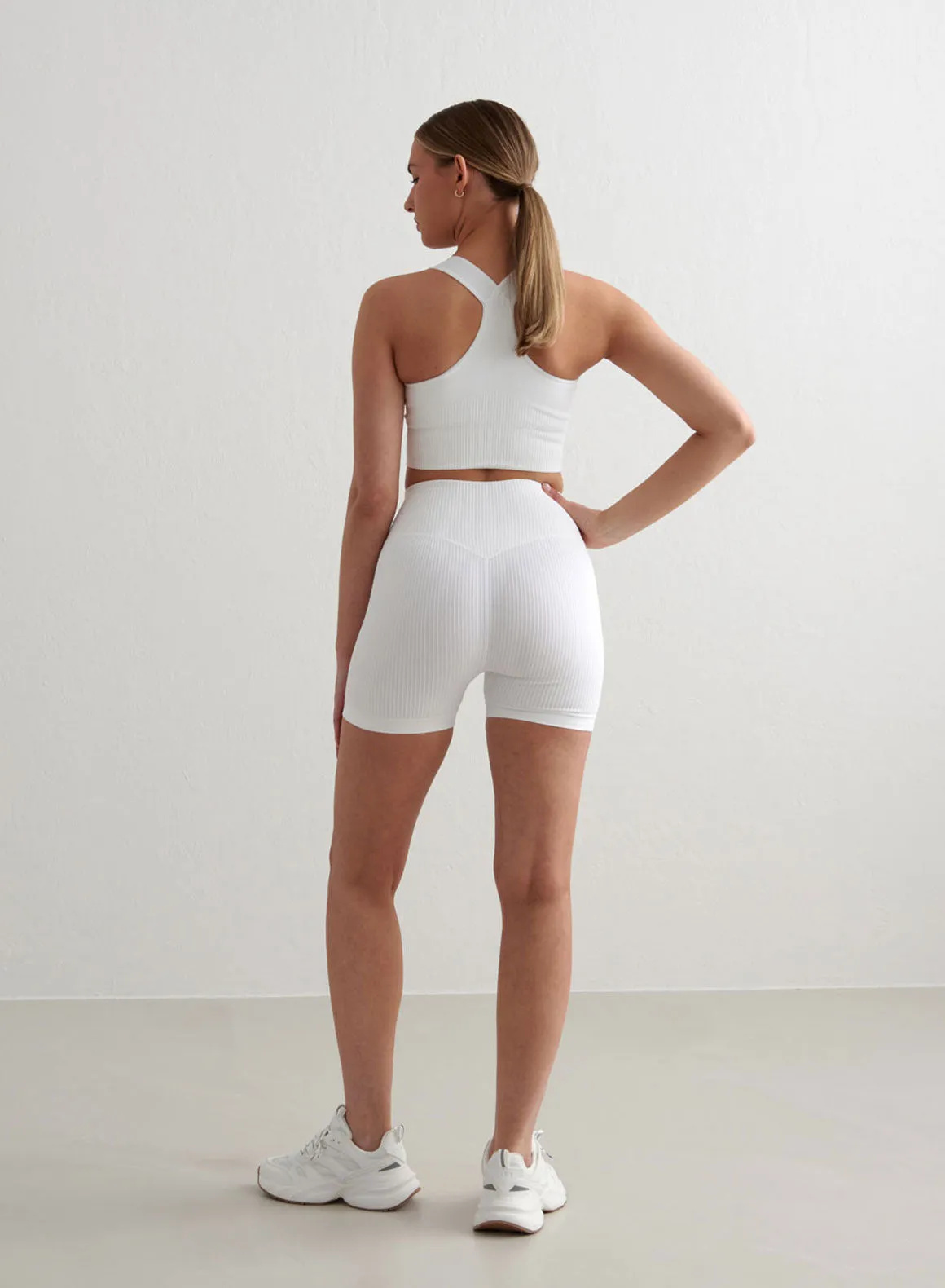 White Ribbed Midi Biker Shorts fitness enthusiasts