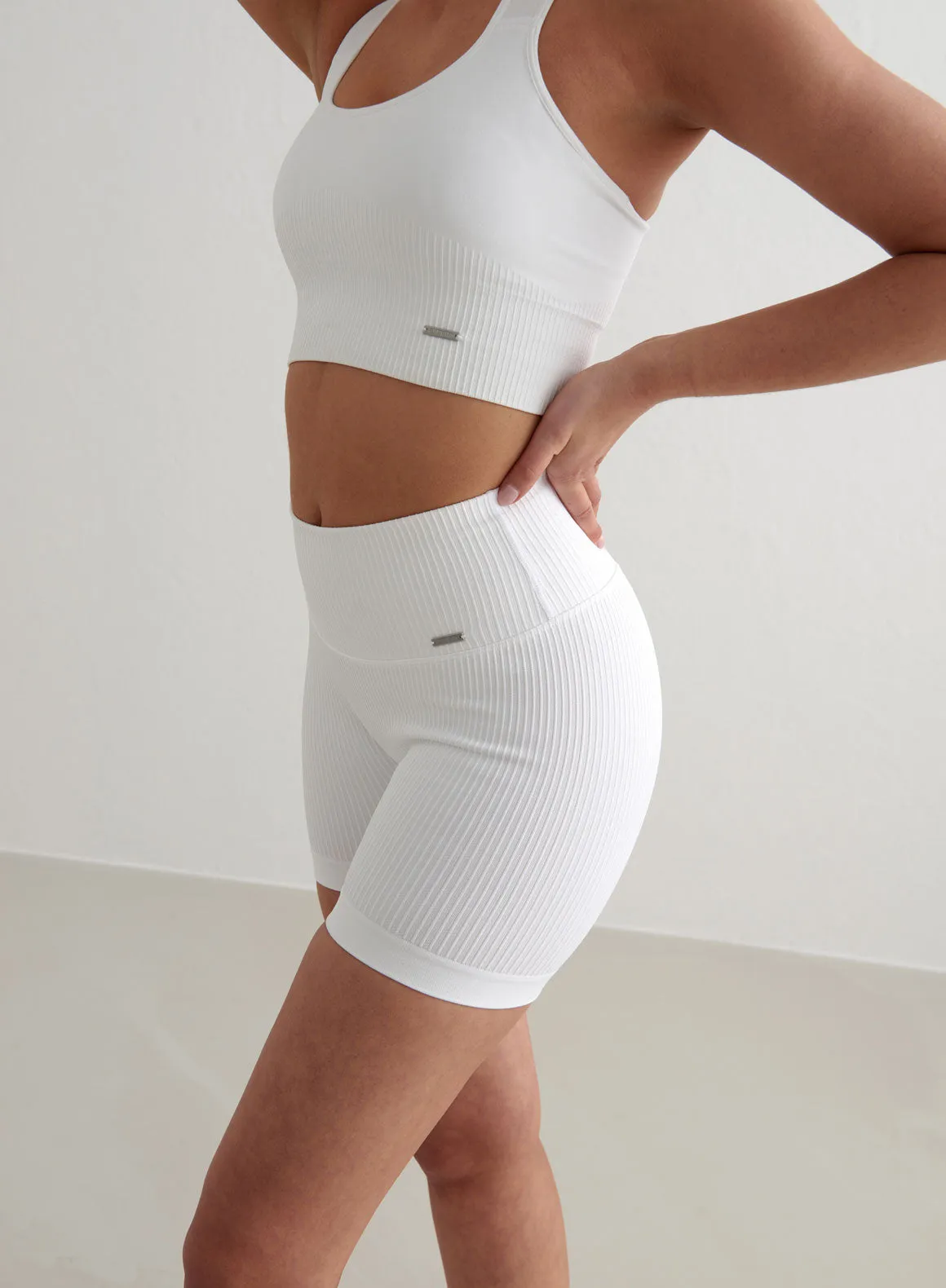 Tactile Feedback Loops White Ribbed Midi Biker Shorts