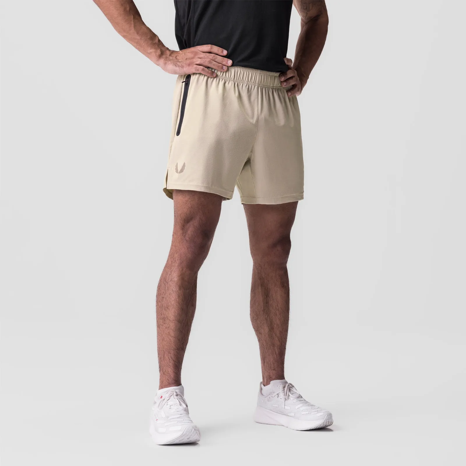 0810. Ultralite? 6" Linerless Short - Beige elastic waistband