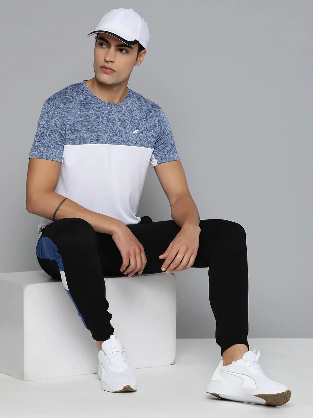 Alcis Men White Blue Colourblocked Dry Tech Slim Fit Sports T-shirt Wind Ease