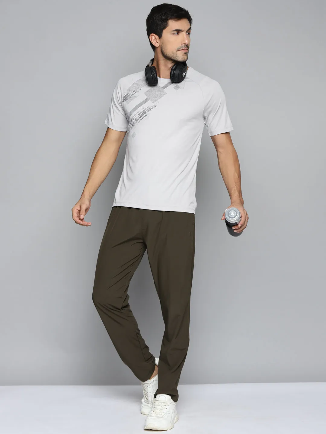 ALCIS Men Grey Printed Slim Fit Running T-shirt Antibacterial Treatment