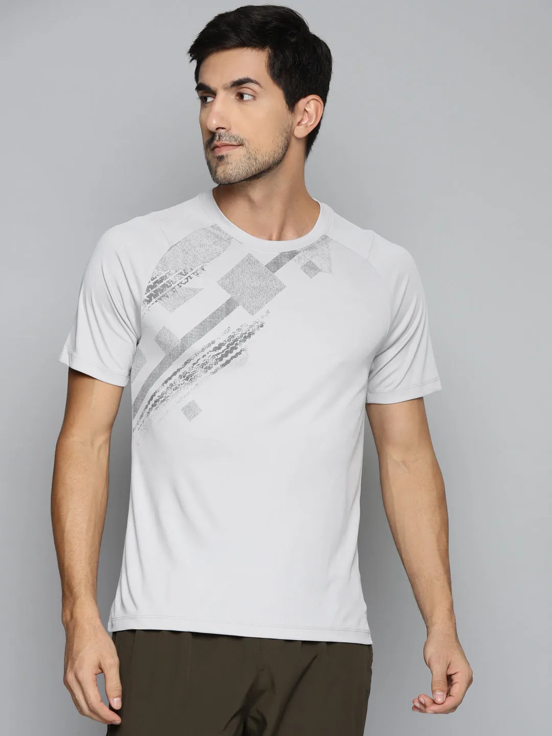 ALCIS Men Grey Printed Slim Fit Running T-shirt wrinkle free Energy Mood