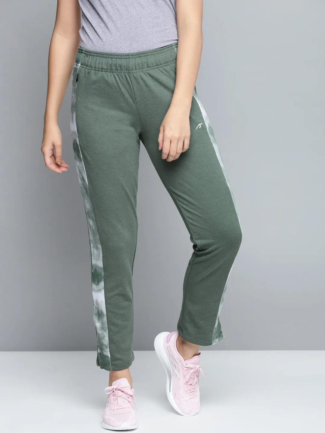 Alcis Women Olive Green Solid Slim Fit Track Pants with Side Taping Detail RecyclablePackaging All weather