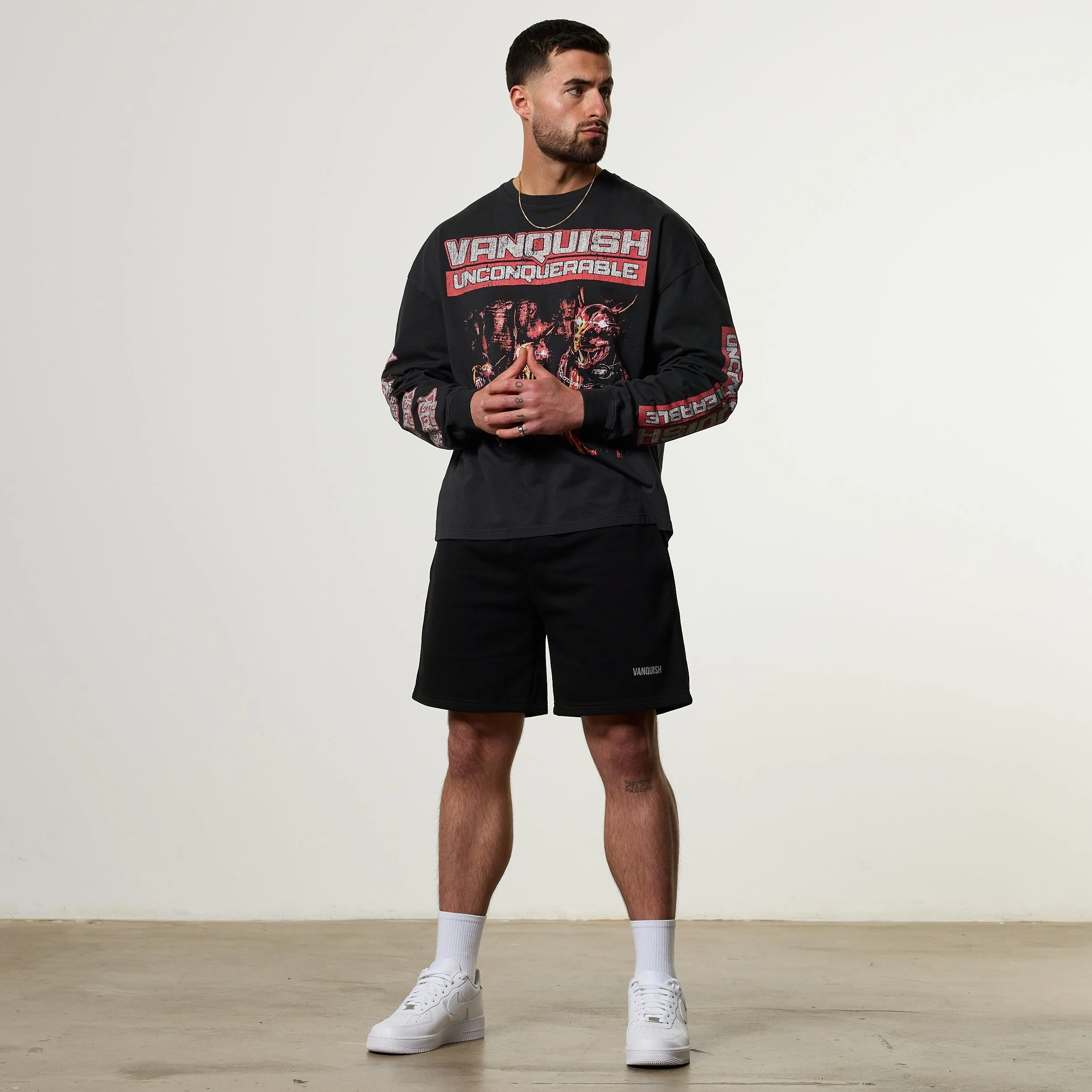 Vanquish Obsidian Black Dobermann Oversized Long Sleeve Boxy T Shirt Boat Neck Anti Shrinkage Treatment