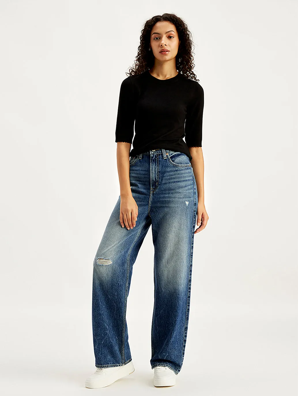 Women's Blue Loose Fit High Rise Jeans Smart Look