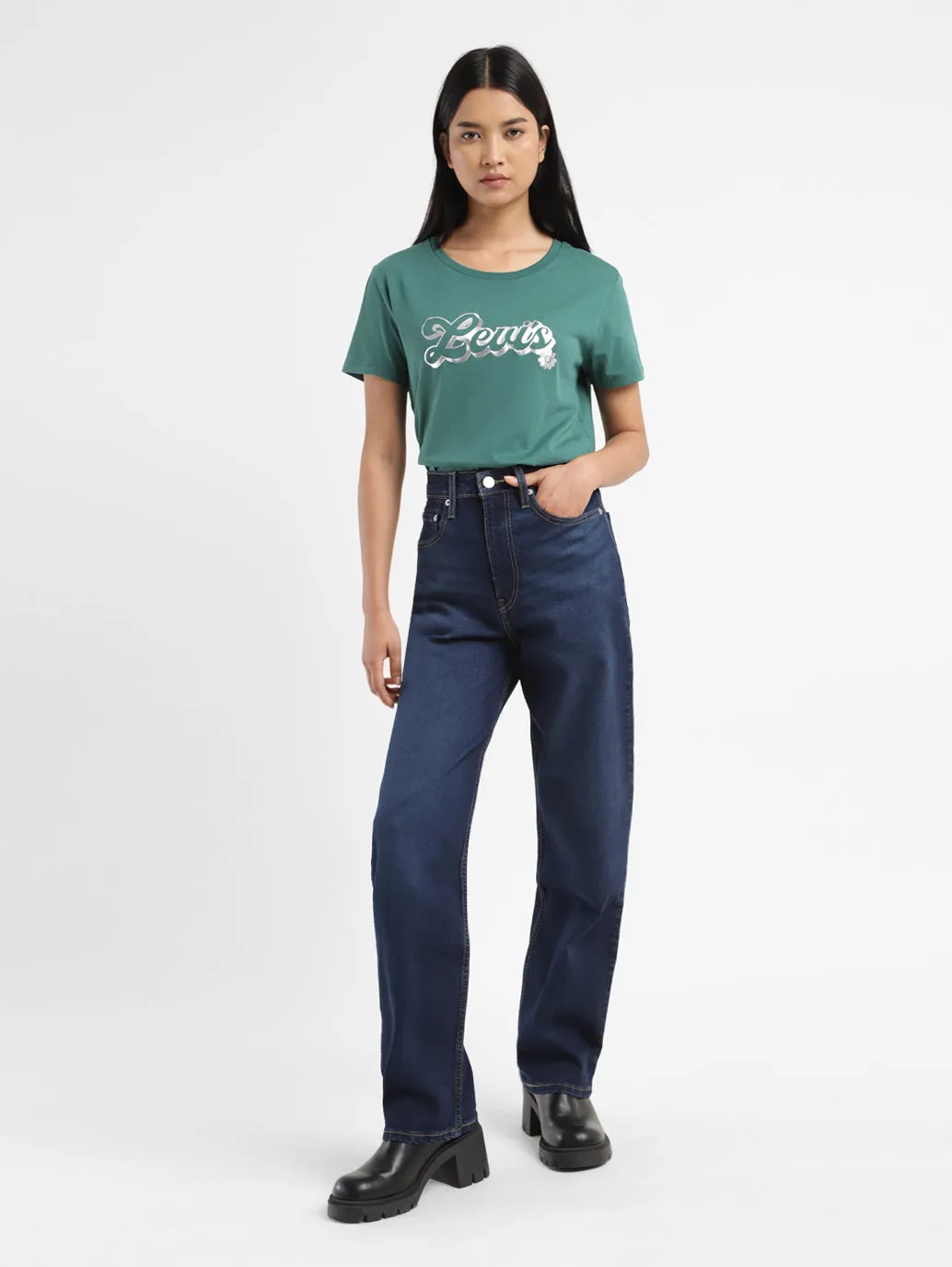 Women's Blue Ribcage Straight Fit High Rise Jeans Bold Road Trip
