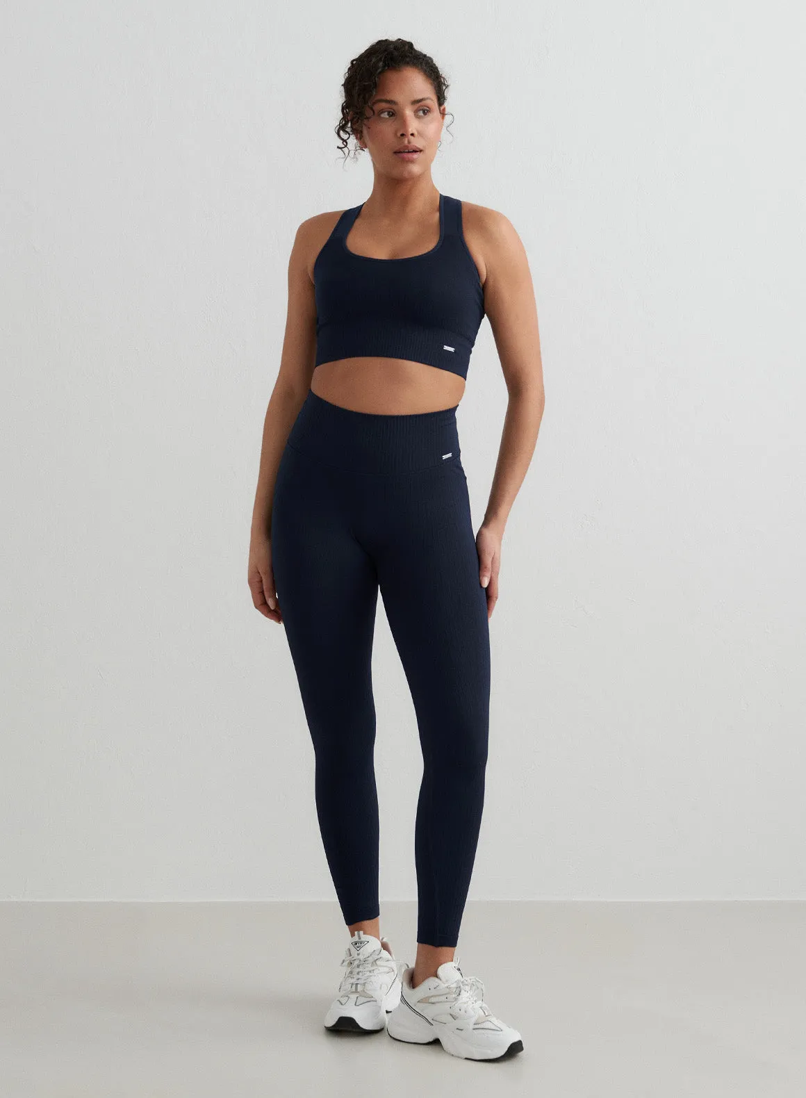Navy Ribbed Seamless Tights Outdoor Lover Compression Support