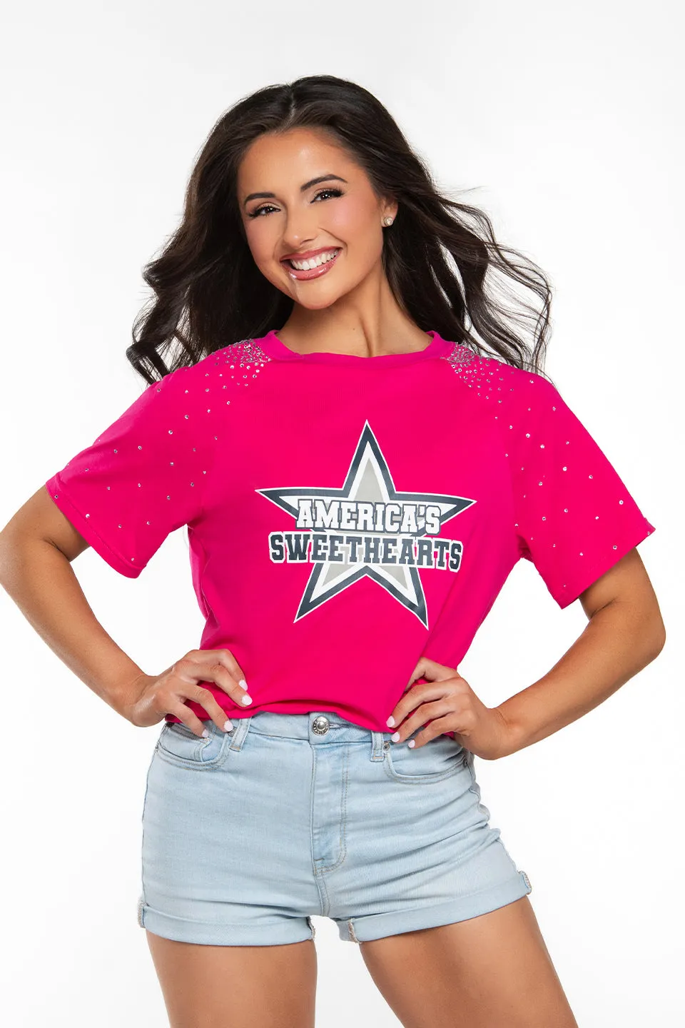America's Sweethearts Tee with Crystals in Pink Low Care China Cool