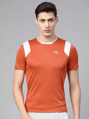 Alcis Men Rust Orange White Self-Checked Round Neck Running T-shirt Myth Soul FormFitting Cut